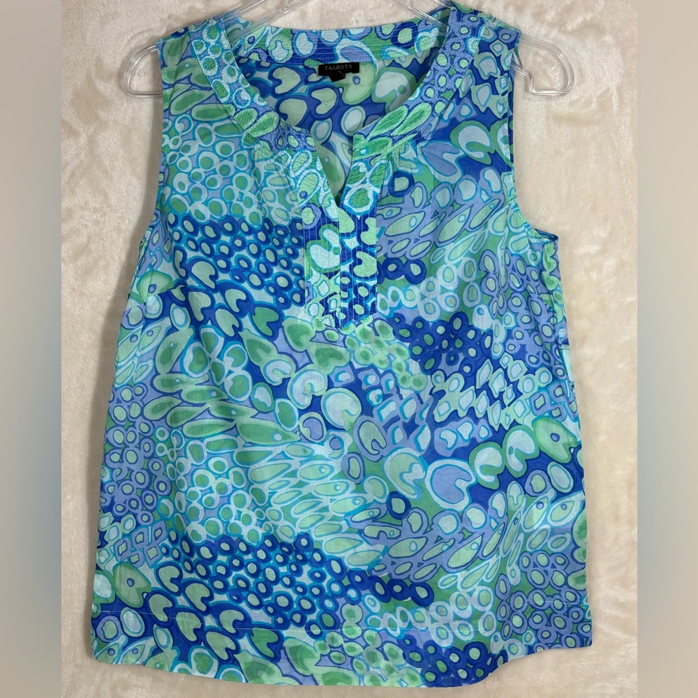 Talbots Women’s Blue and Green Patterned Sleeveless Split Neck 100 % Cotton SZ L
